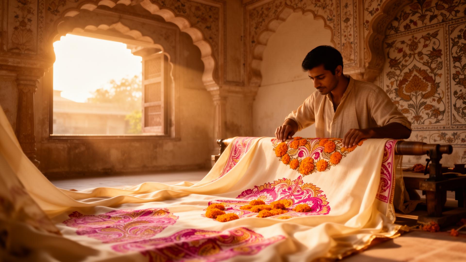 Artisan hand-stitching textile inside a Rajasthani haveli